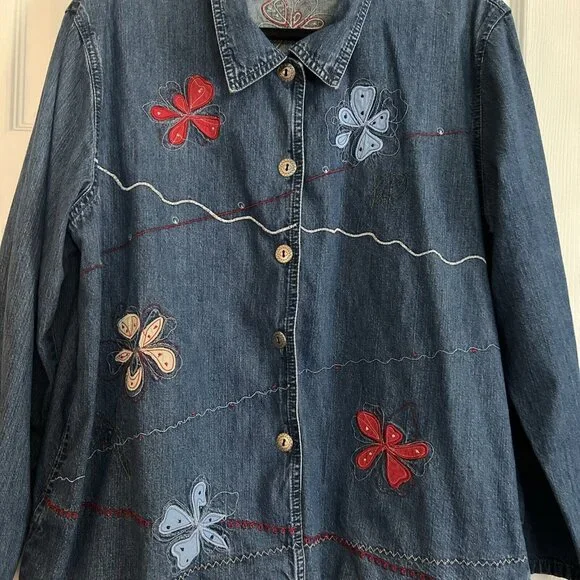 VTG Bobbie Brooks Womans XL Denim Flower Patch Embroidery Button Shirt Jacket - Picture 2 of 14